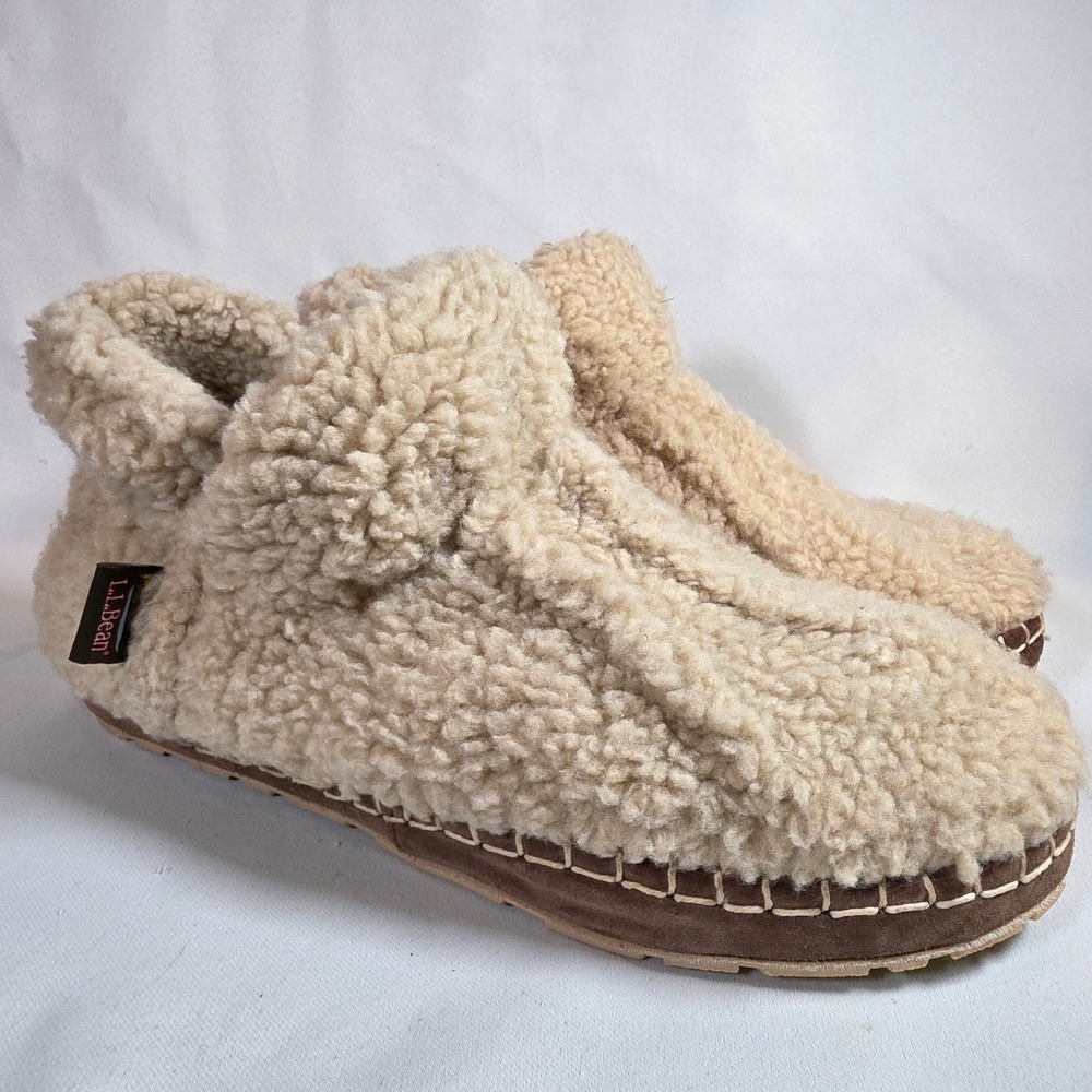 LL Bean Cozy Slipper Boots Pile Fleece Cream Womens 11 Medium 507186 Whipstitch